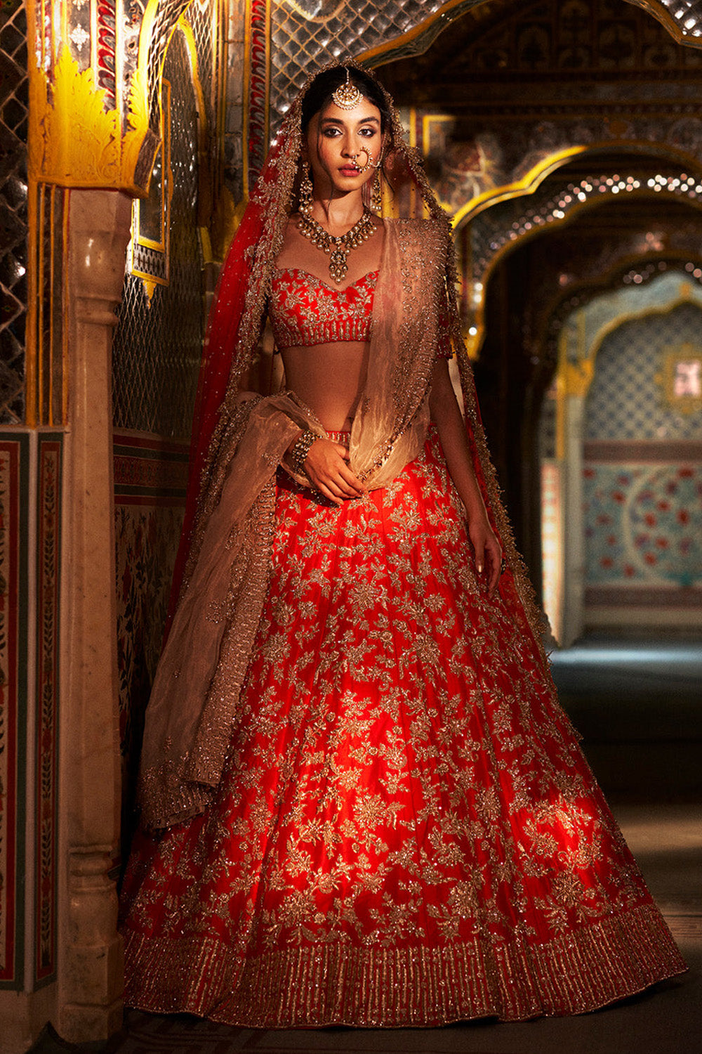 Red Rose Gold Zardosi Lehenga Set