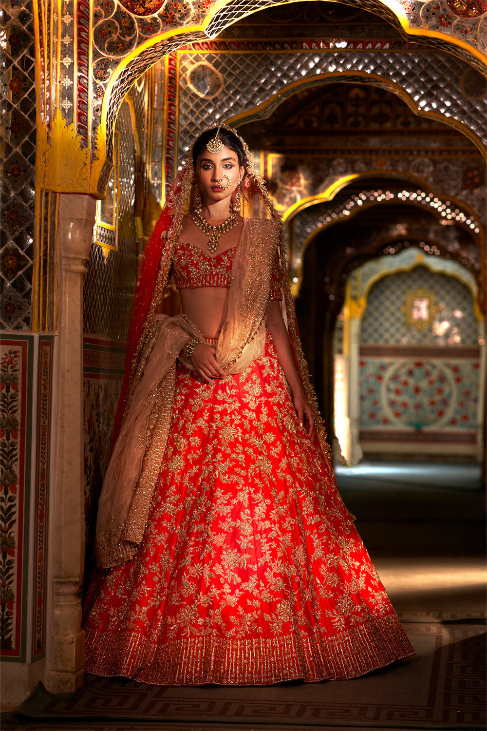 Red Rose Gold Zardosi Lehenga Set