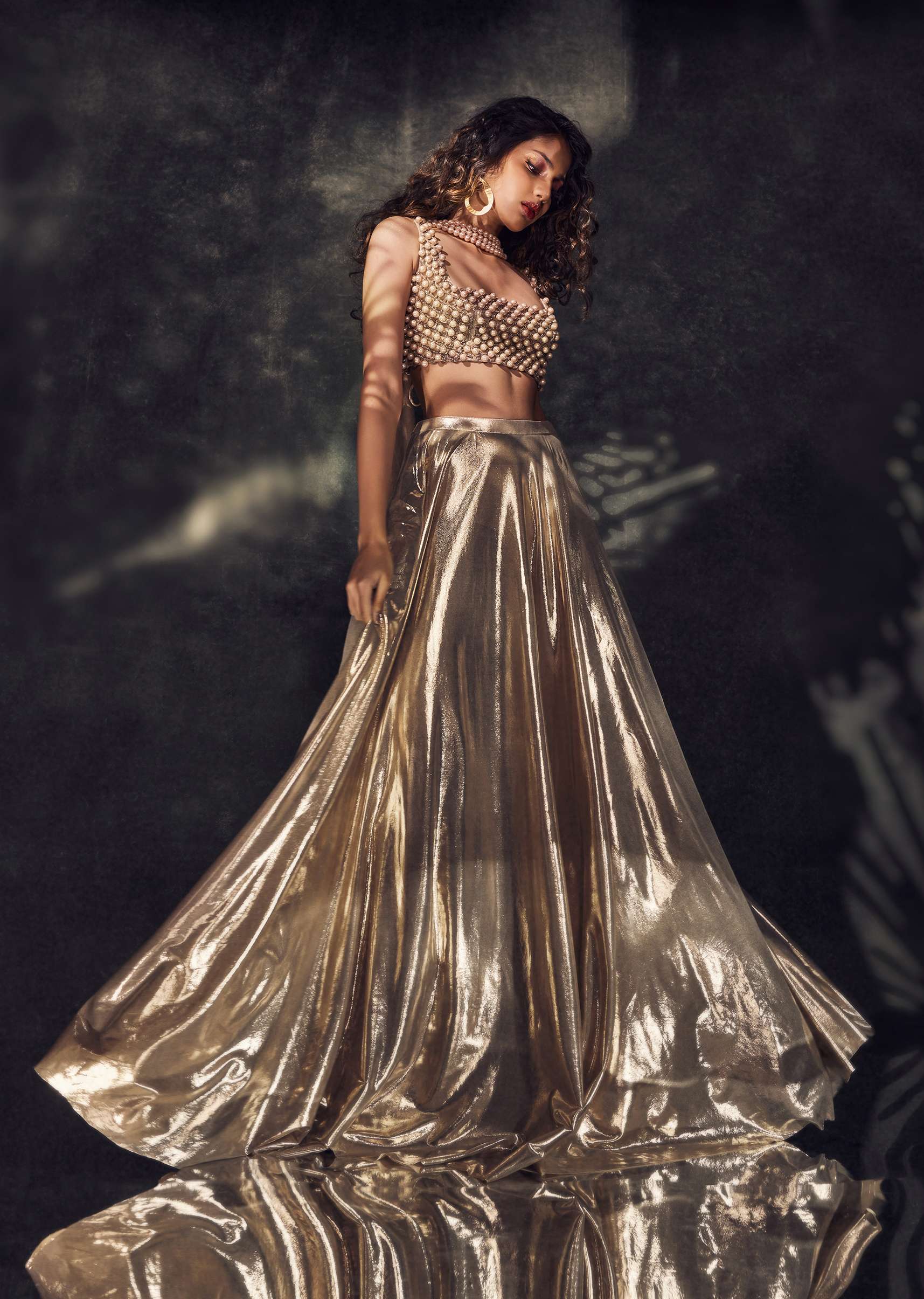 Metallic Gold Skirt And Top Set With Pearl Dupatta - Deme X Kalki