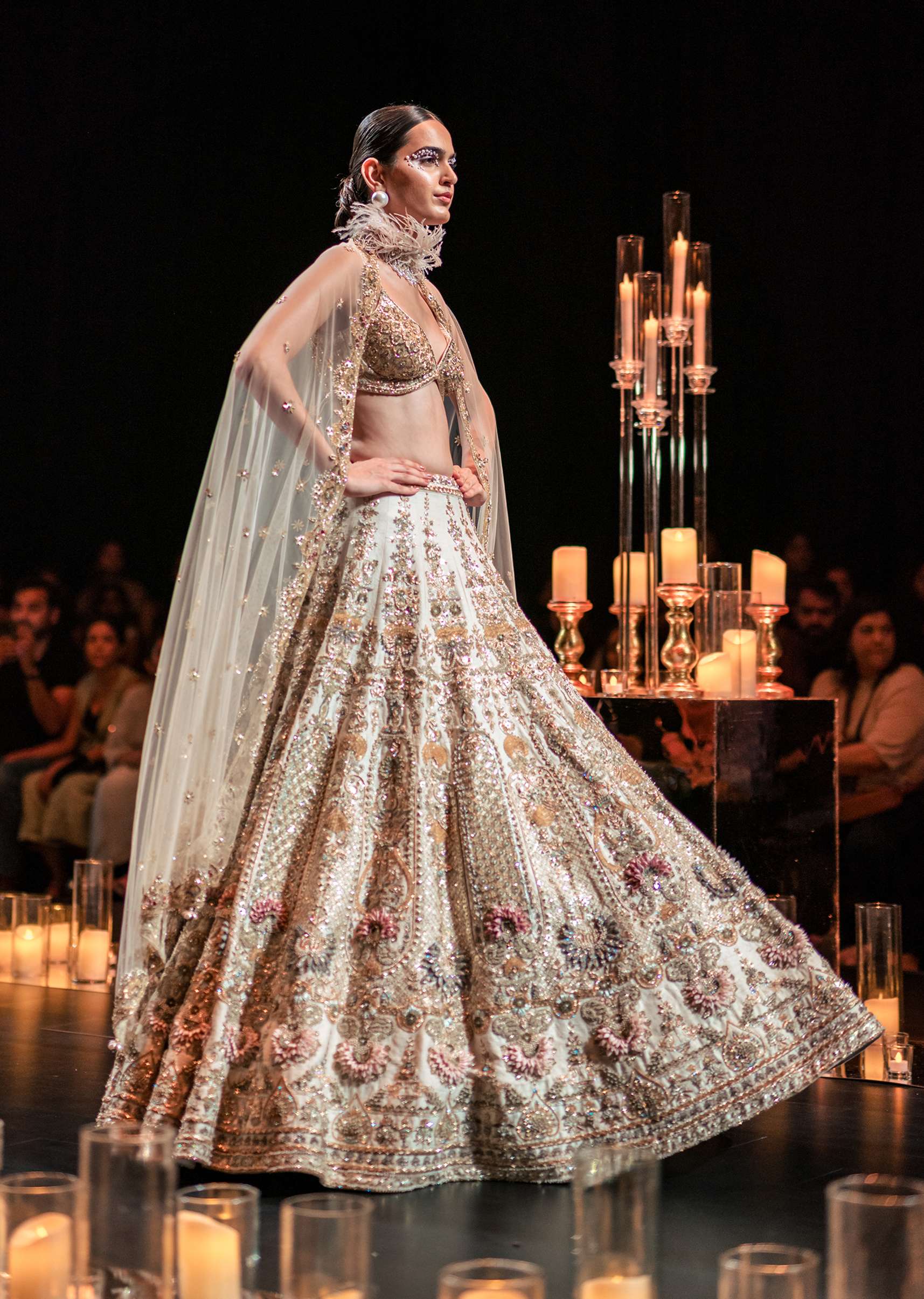 Beige Bridal Lehenga Set In Silk With Organza Flowers And 3D Embroidery