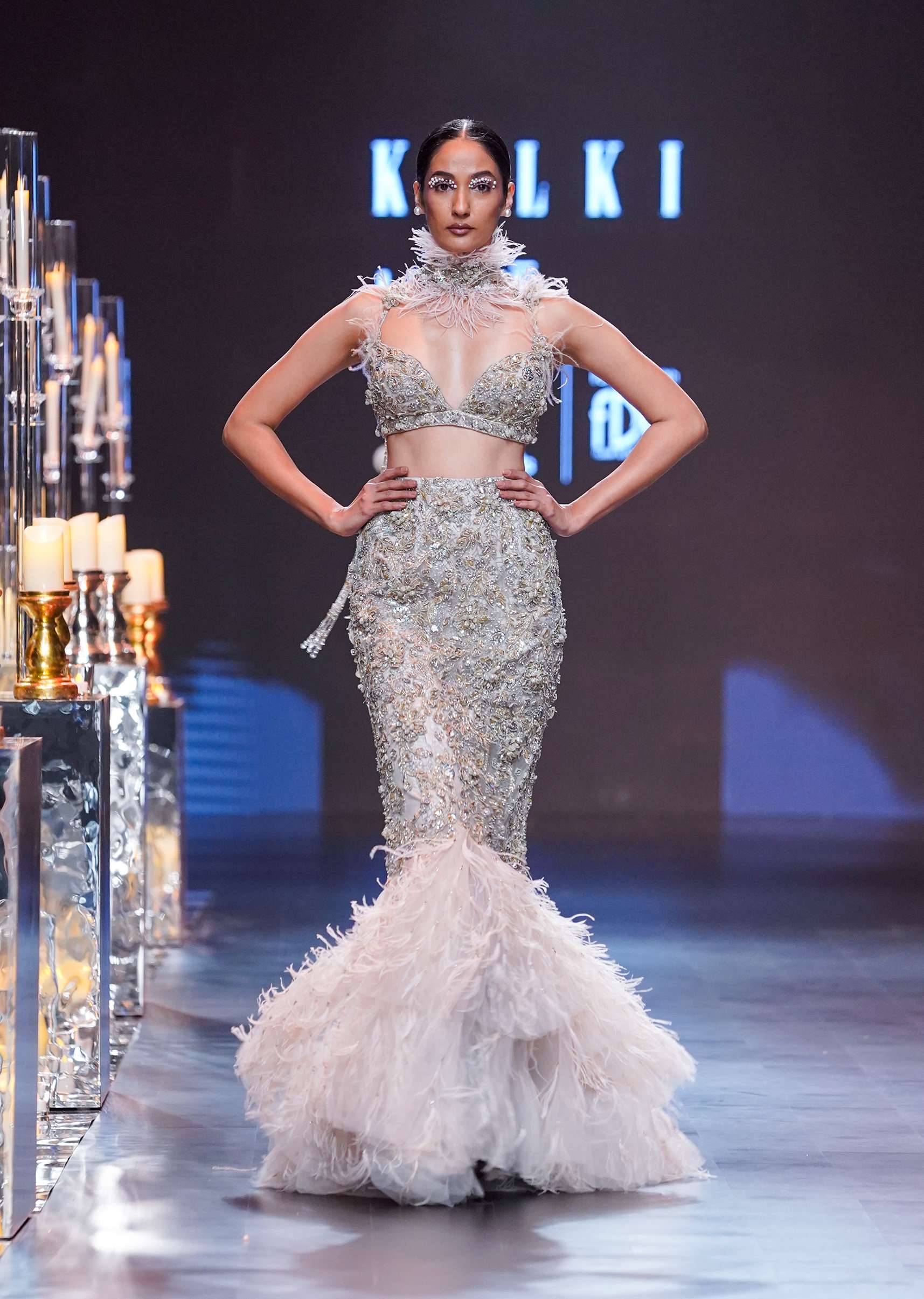 Beige Lehenga With 3D Feathers And Choker Dupatta