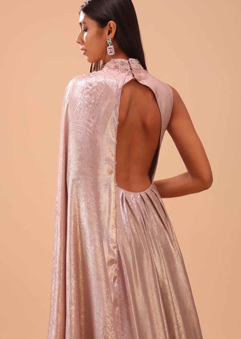 Onion Pink Embroidered Bridesmaid Gown With Front Slit