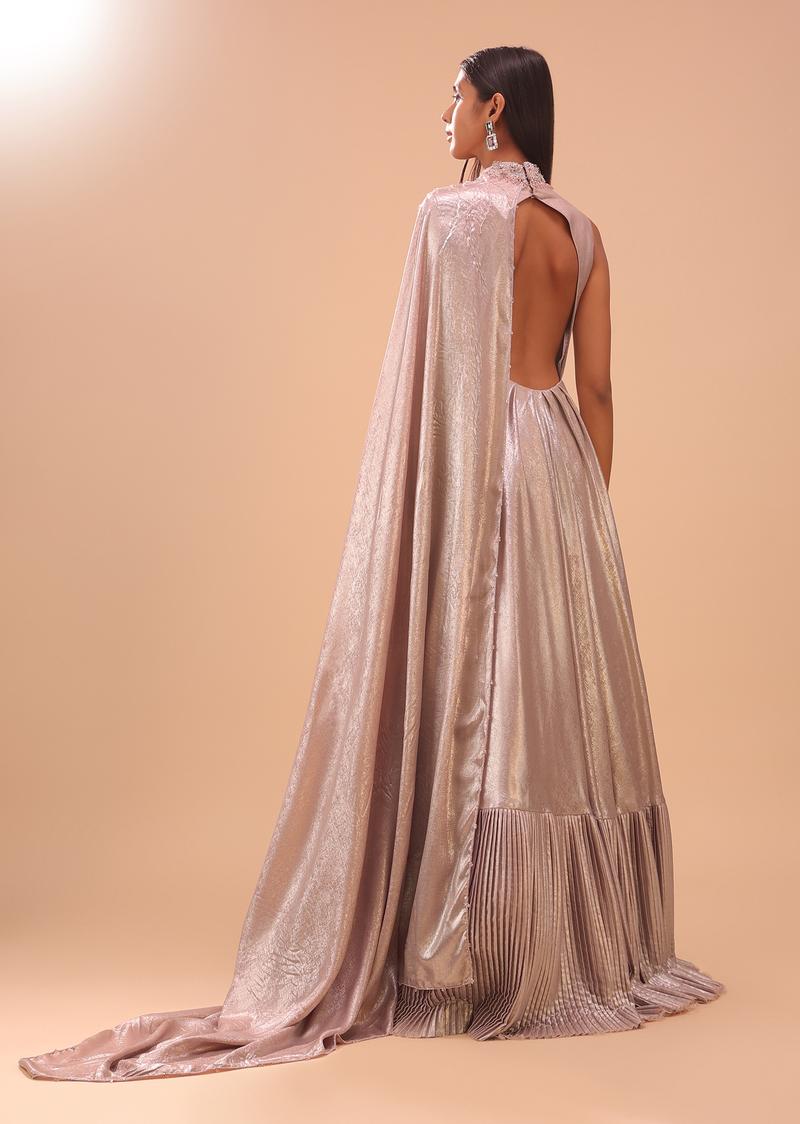 Onion Pink Embroidered Bridesmaid Gown With Front Slit