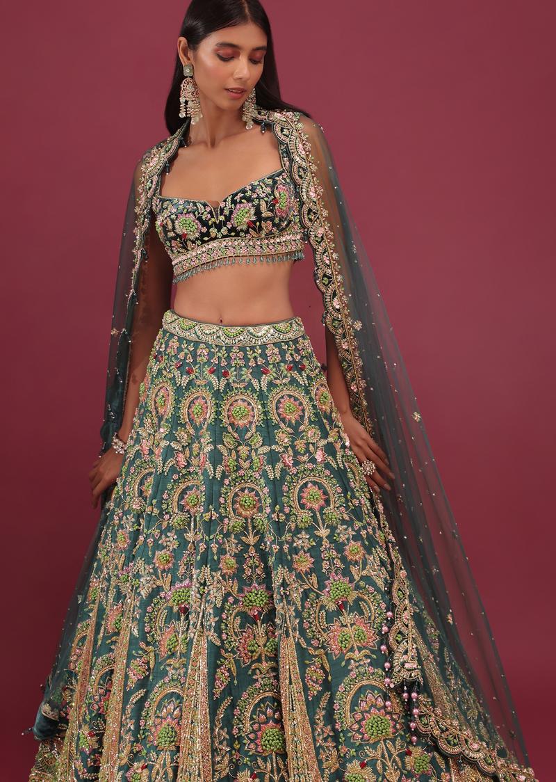 Peacock Green Bridal Lehenga In Raw Silk With Embroidery - Noor 2022