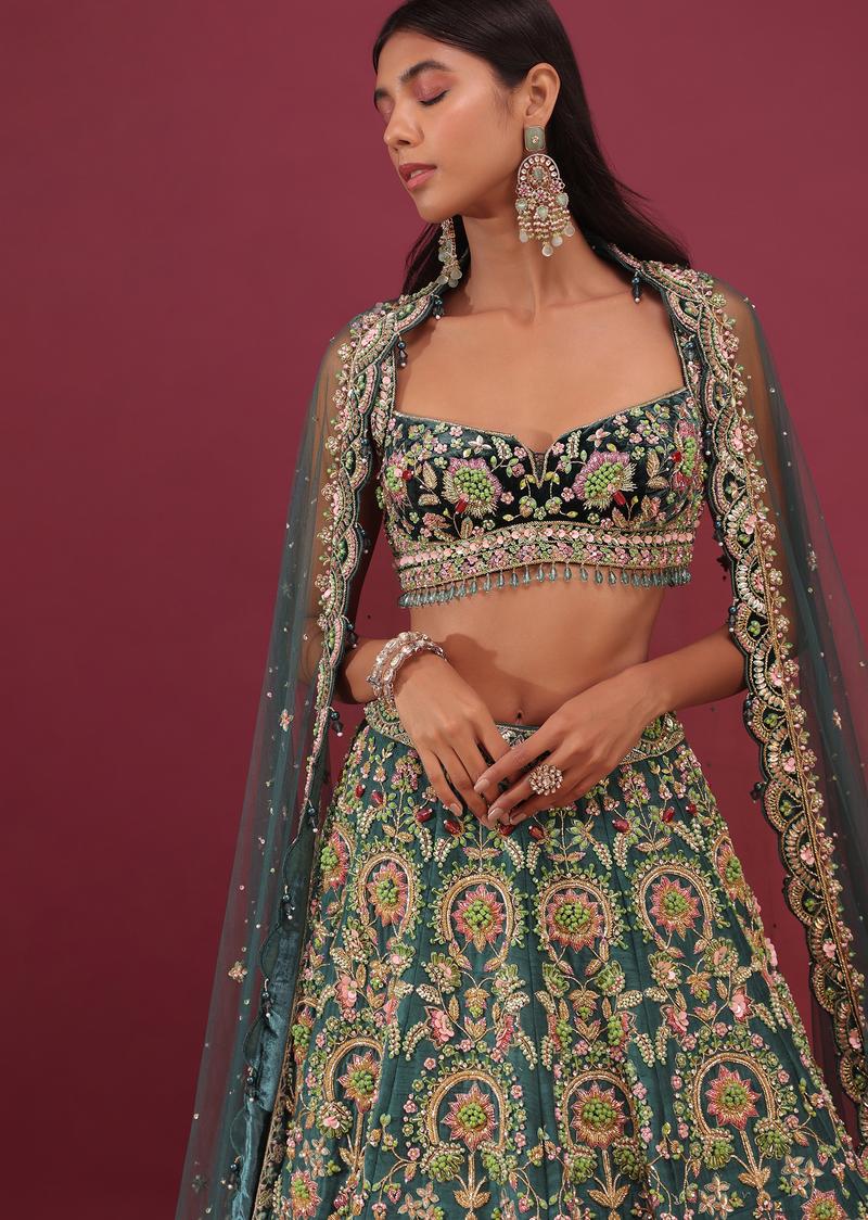 Peacock Green Bridal Lehenga In Raw Silk With Embroidery - Noor 2022