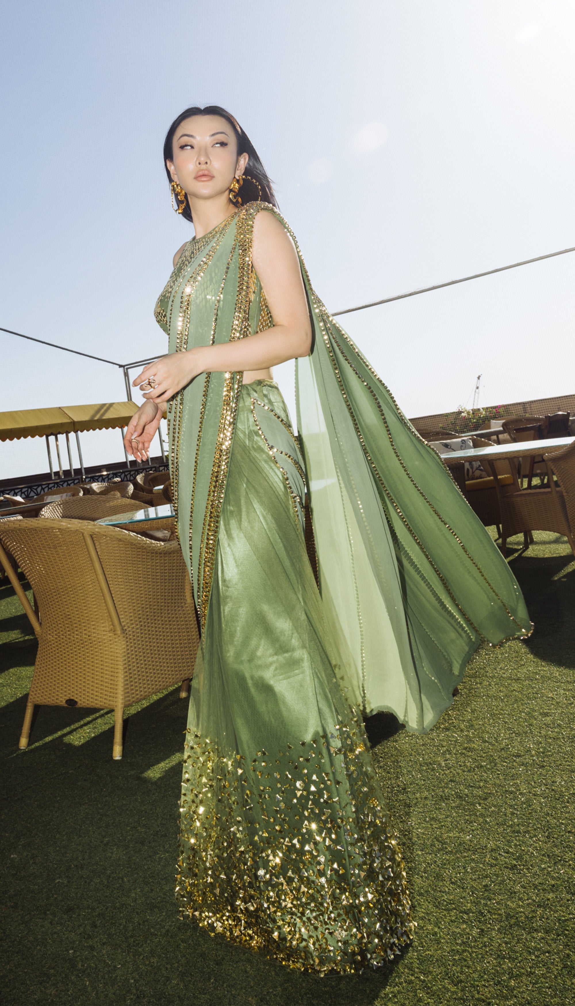 Jessica Wang In Olive Shaded Embellished Saree Set
