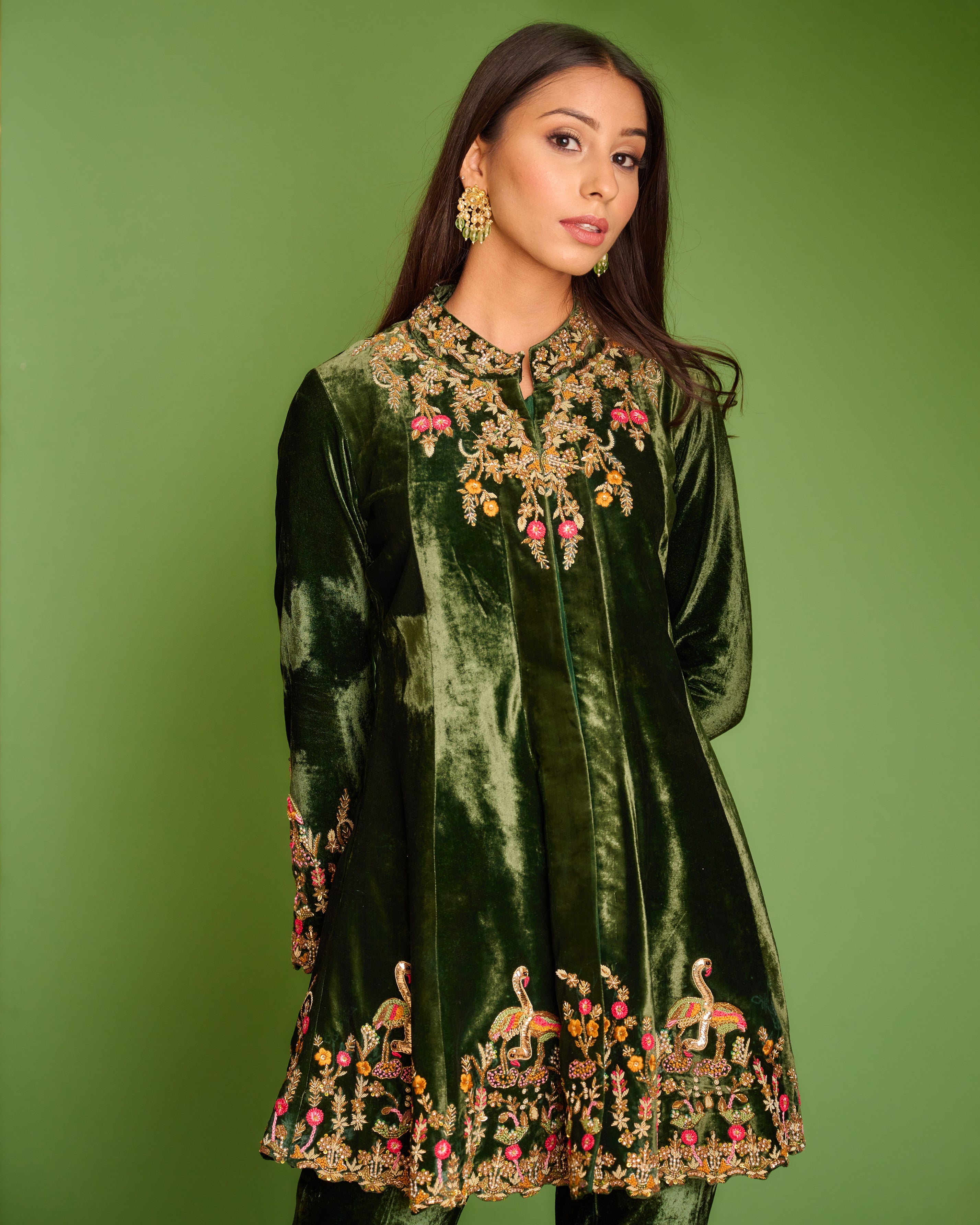 Dark Green Velvet Blazer Set