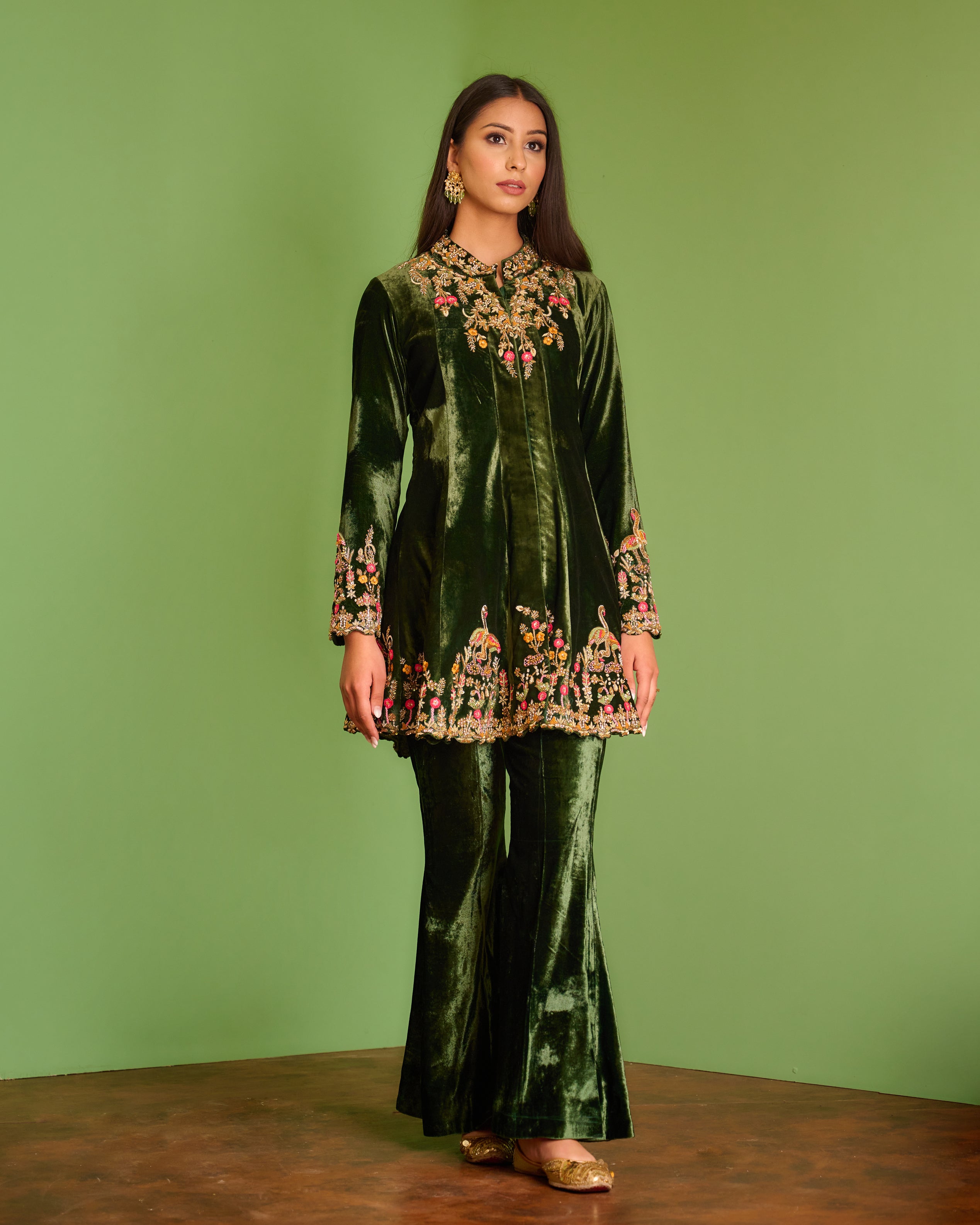 Dark Green Velvet Blazer Set