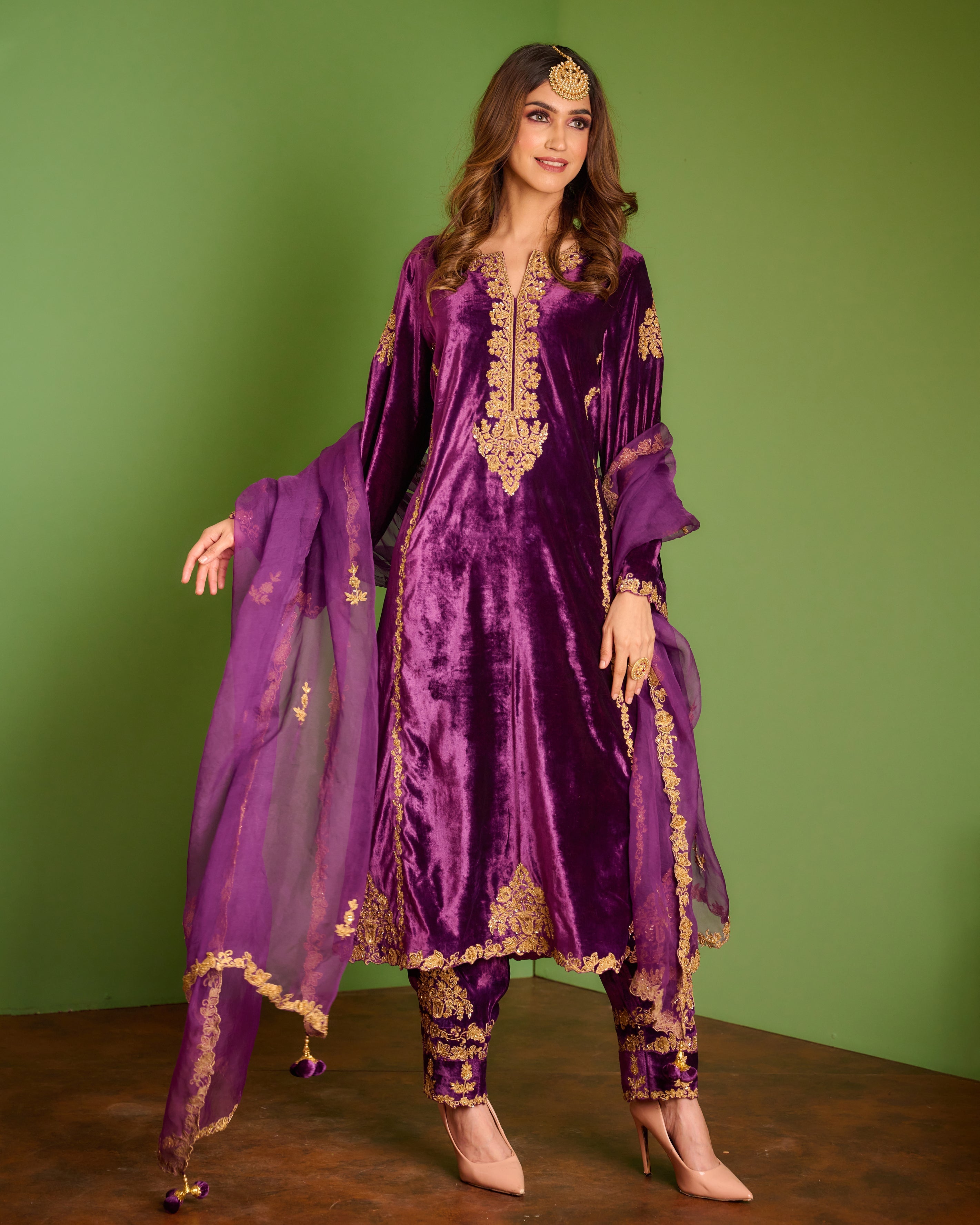 Purple Velvet Kurta Set