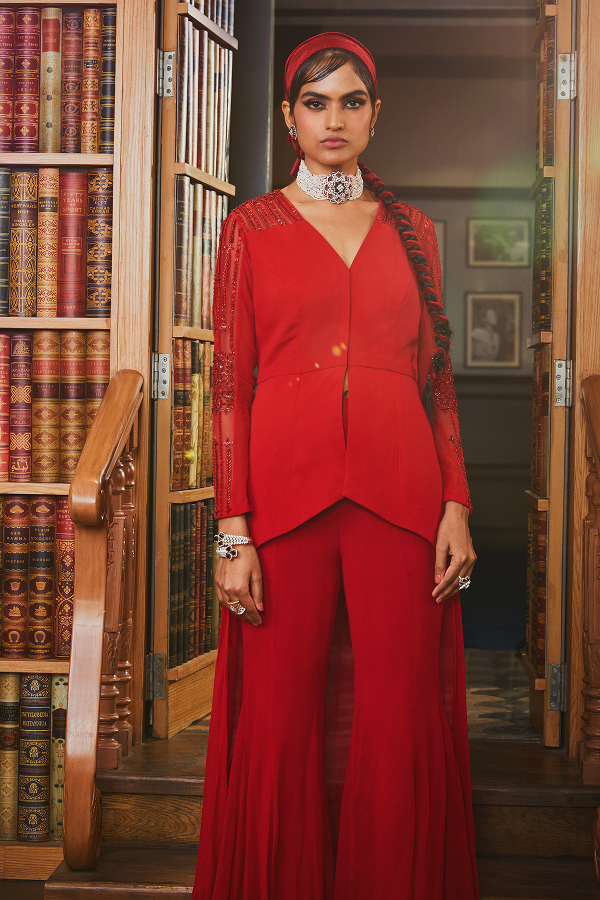 Red Embroidered Asymmetric Top With Flared Pants Set