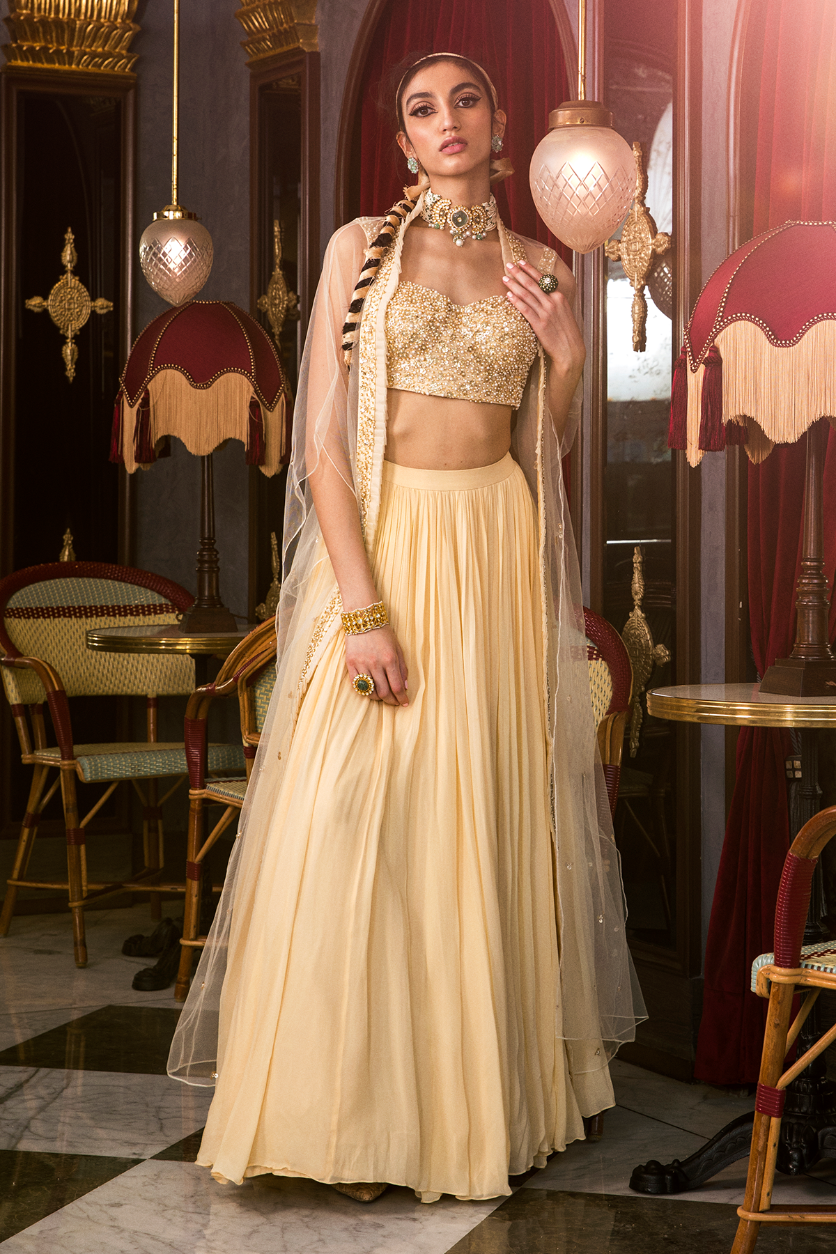 Ivory Bustier Top And Skirt With Net Cape Set