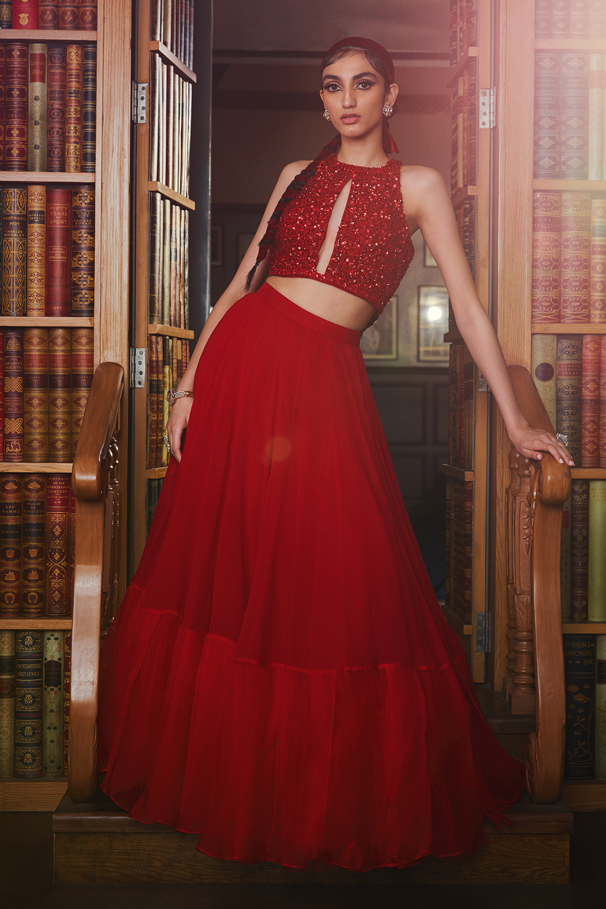 Red Halter Sequins Embellished Blouse And Lehenga Set