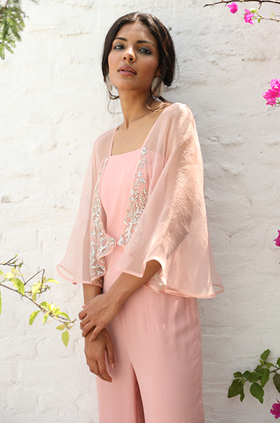 Pale Pink Jumpsuit With Attached Organza Cape Set