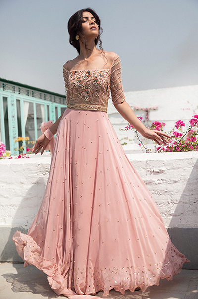 Pale Pink Embroidered Anarkali With Belt