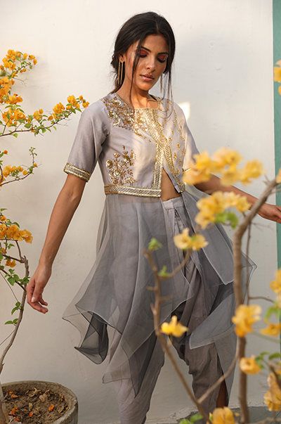 Light Grey Asymmetrical Tunic With Dhoti Pants Set