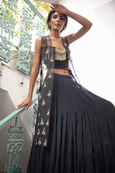 Charcoal Grey Tiered Skirt With Embroidered Cape Set