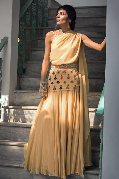 Pale Yellow One Shoulder Tunic With Skirt And Belt Set