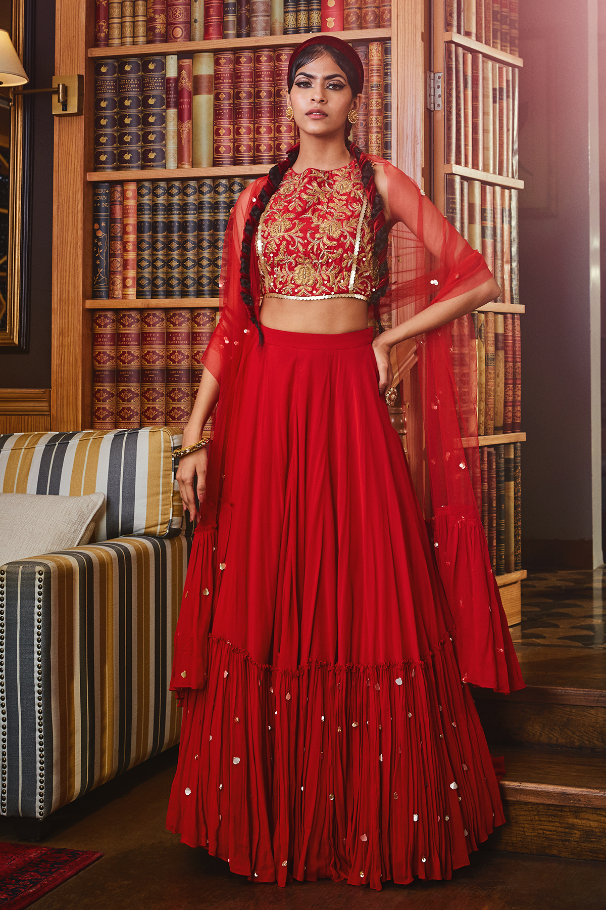 Red Embroidered Blouse And Lehenga With Dupatta Set