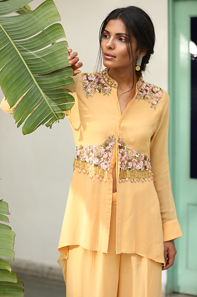 Pale Yellow Asymmetrical Embroidered Shirt With Palazzo Pants Set