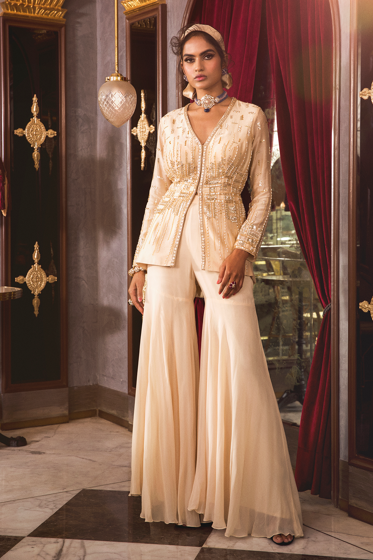 Ivory Peplum With Sharara Pant Set