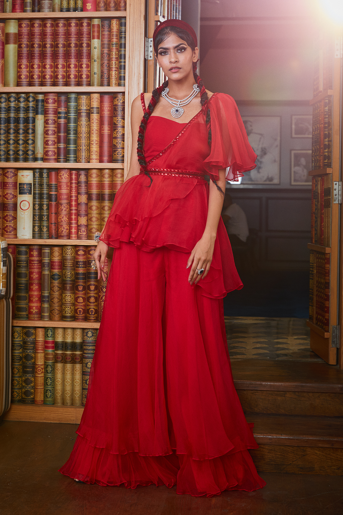 Red One Shoulder Ruffle Top And Palazzo Set