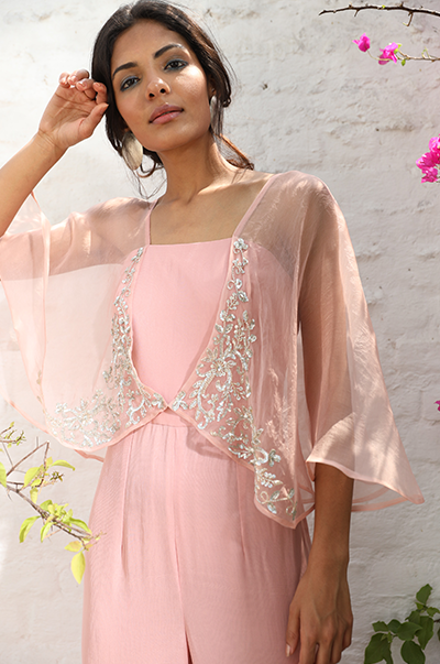 Pale Pink Jumpsuit With Attached Organza Cape Set
