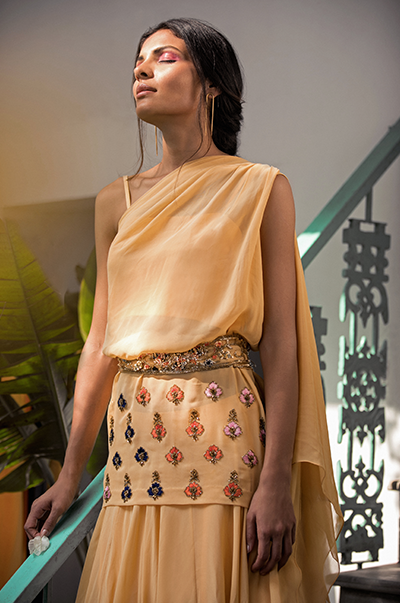 Pale Yellow One Shoulder Tunic With Skirt And Belt Set