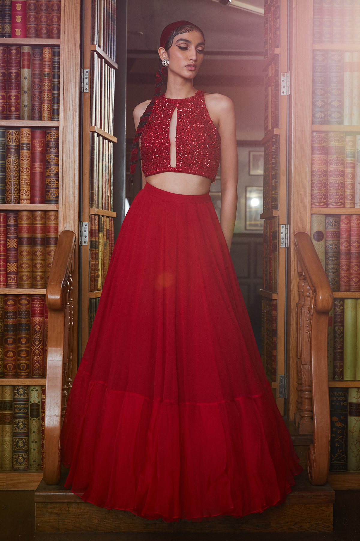 Red Halter Sequins Embellished Blouse And Lehenga Set