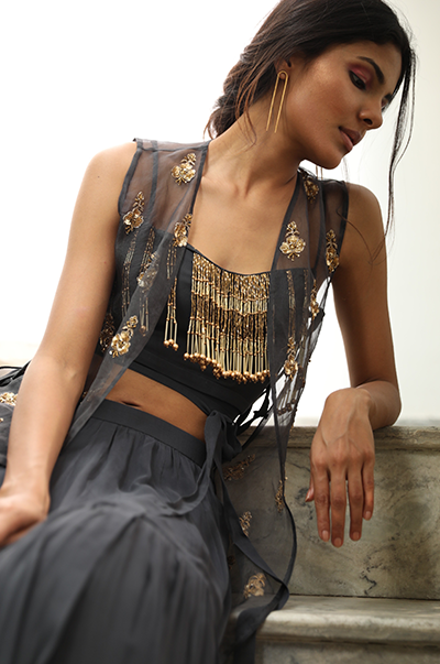 Charcoal Grey Tiered Skirt With Embroidered Cape Set