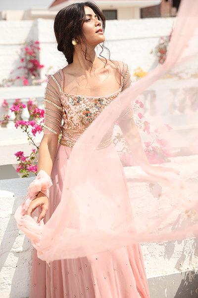 Pale Pink Embroidered Anarkali With Belt