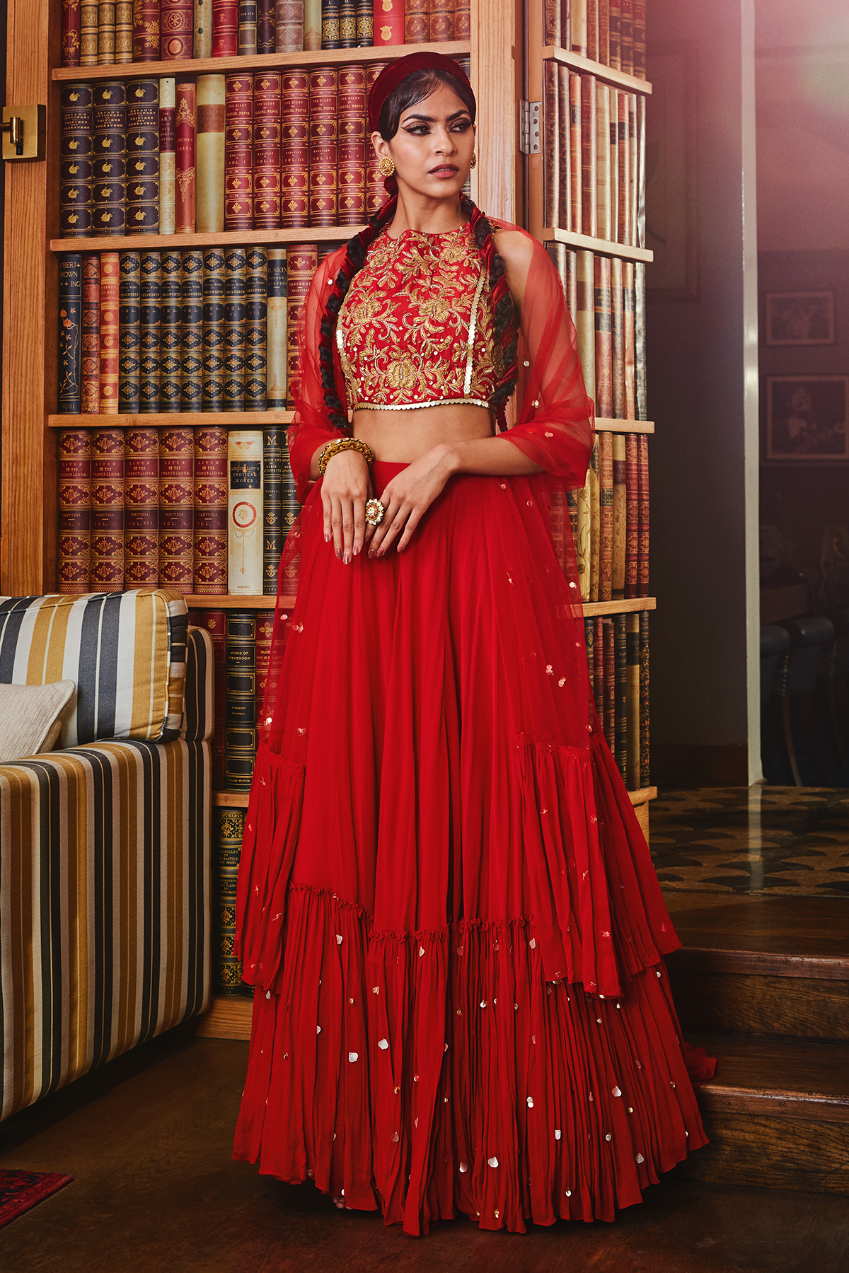 Red Embroidered Blouse And Lehenga With Dupatta Set