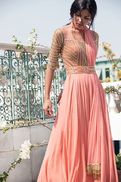 Peach Geometric Embroidered Anarkali With Belt