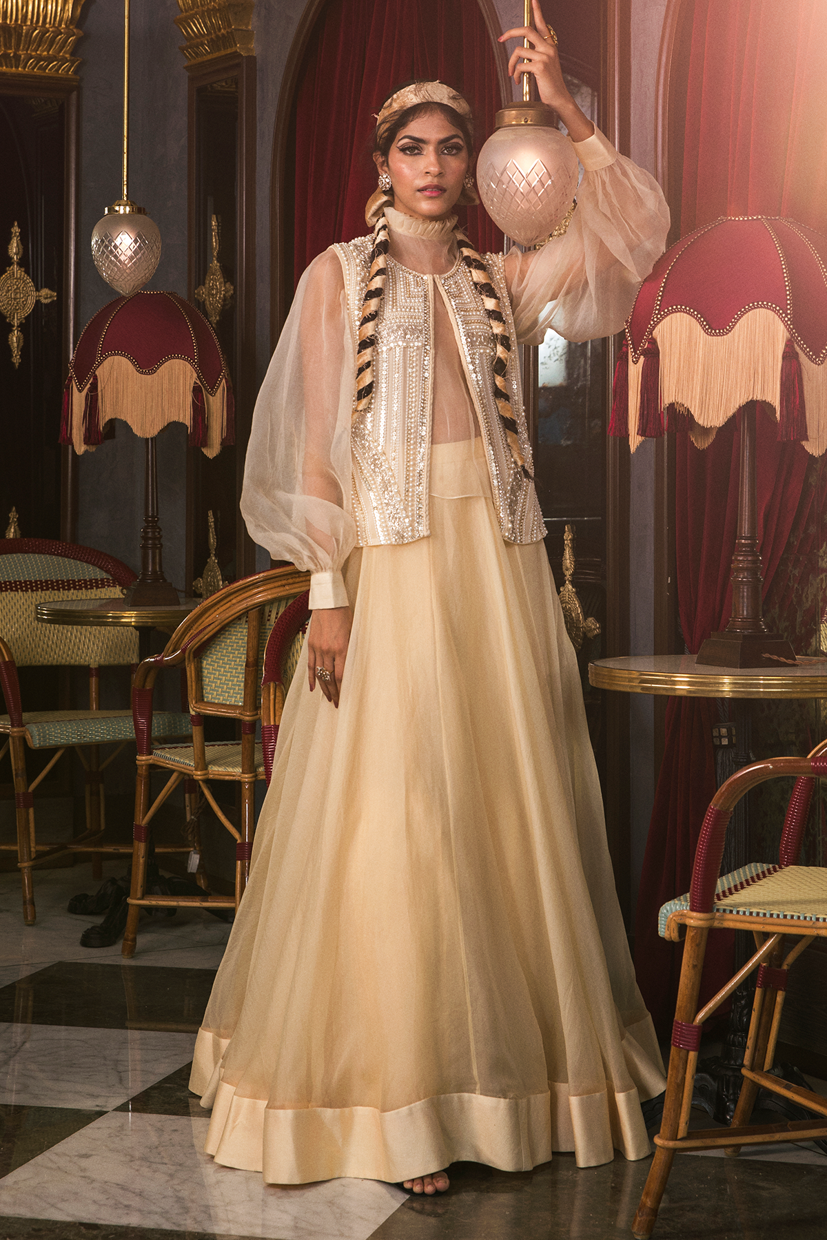 Ivory Victorian Blouse And Embroidered Open Jacket With Lehenga Set
