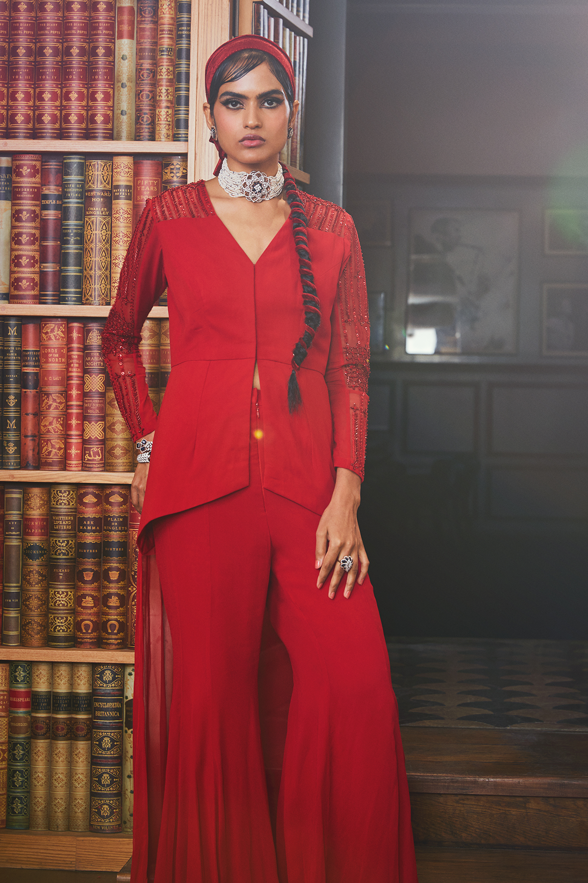 Red Embroidered Asymmetric Top With Flared Pants Set