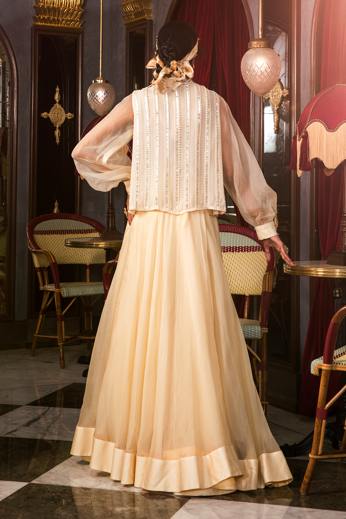 Ivory Victorian Blouse And Embroidered Open Jacket With Lehenga Set