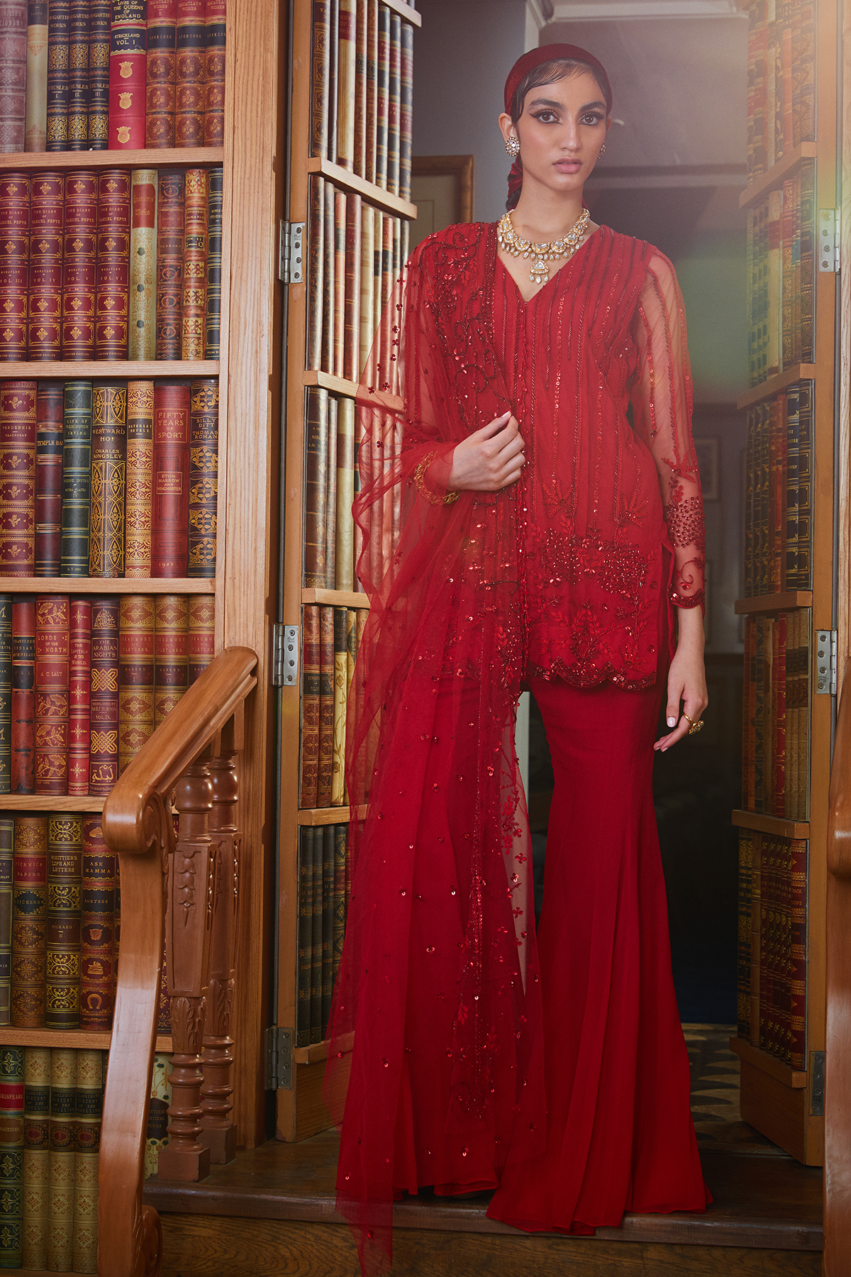 Red Tonal Short Kurta With Flared Pants Set