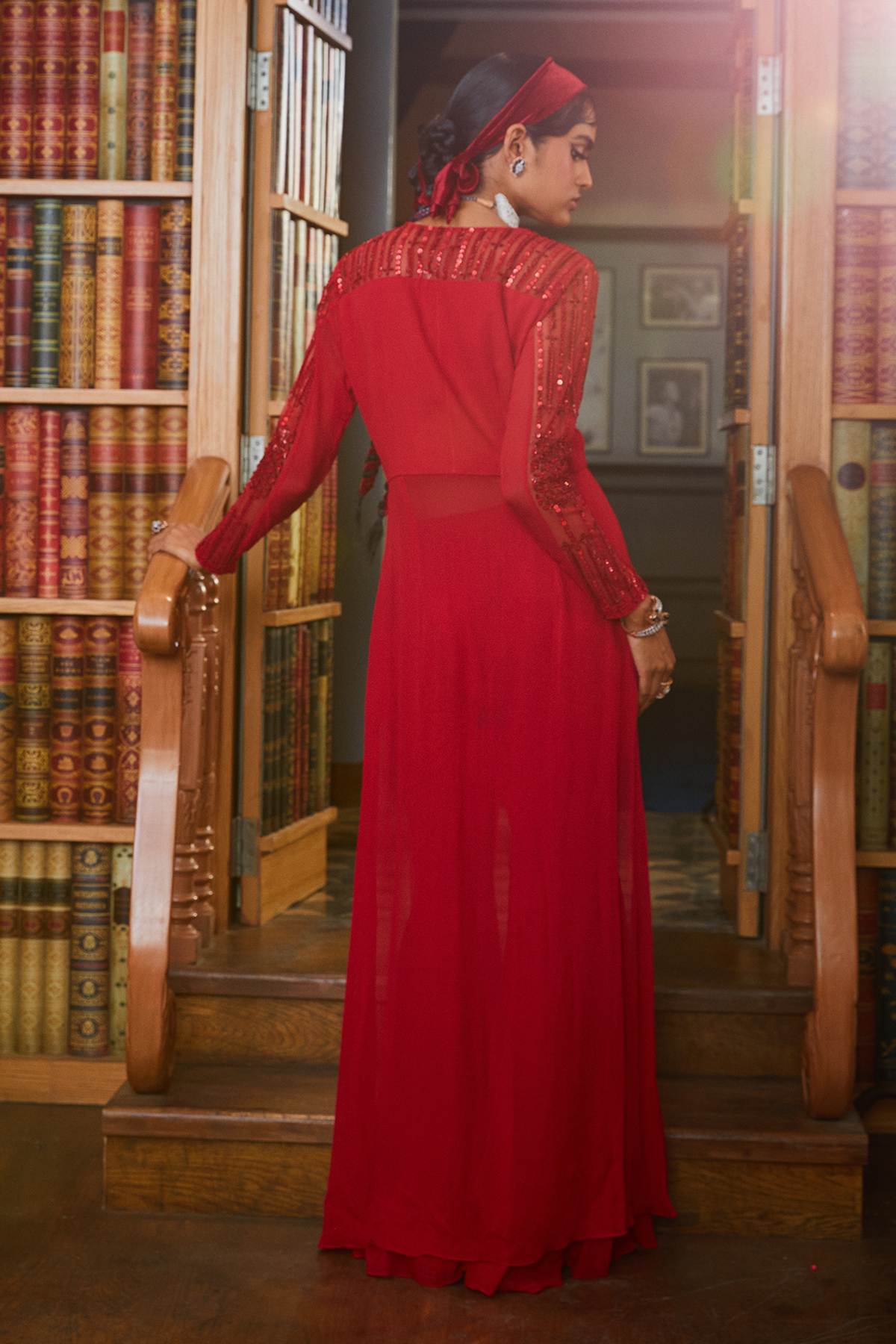 Red Embroidered Asymmetric Top With Flared Pants Set
