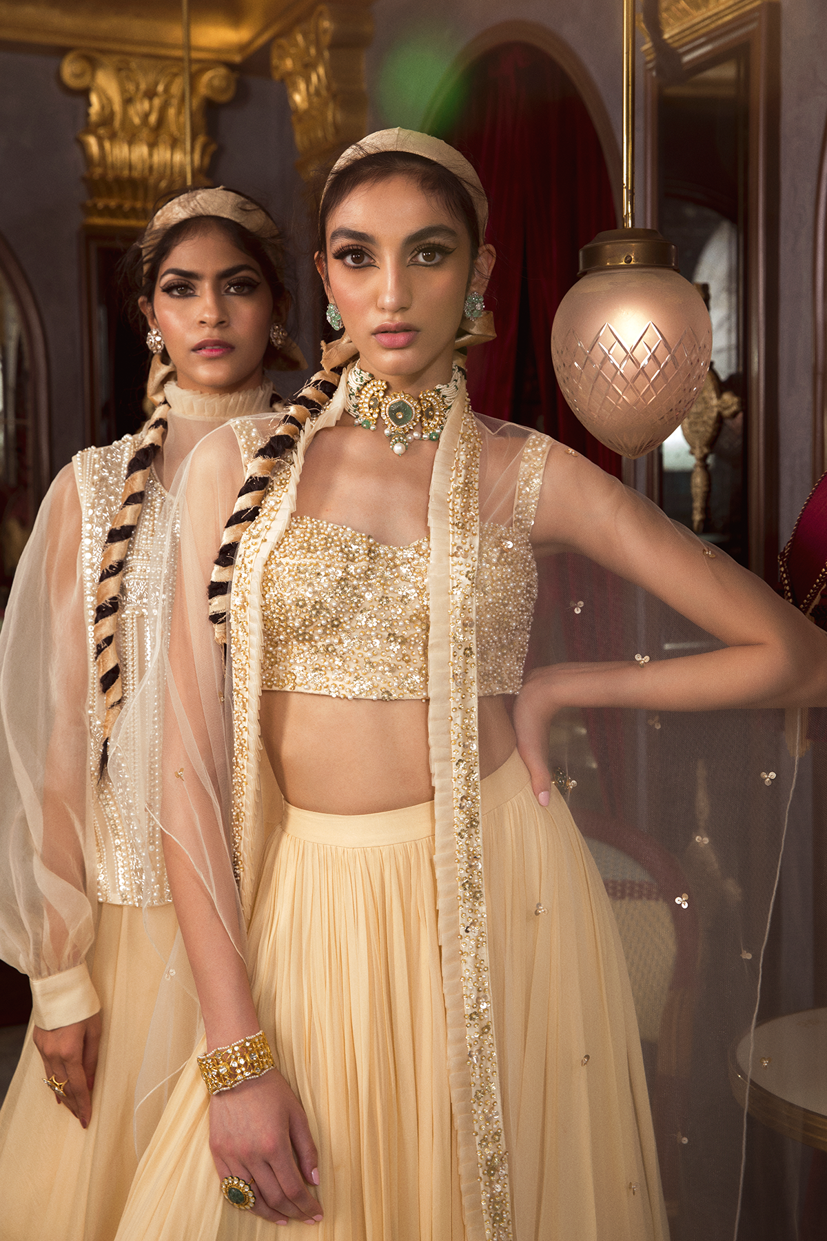 Ivory Bustier Top And Skirt With Net Cape Set