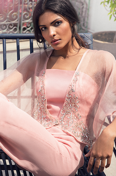 Pale Pink Jumpsuit With Attached Organza Cape Set