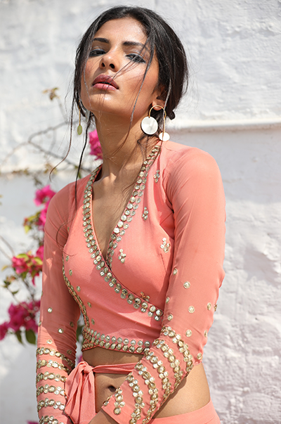 Peach Wrap Around Crop-Top Skirt Set