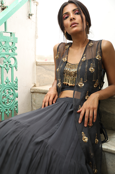 Charcoal Grey Tiered Skirt With Embroidered Cape Set