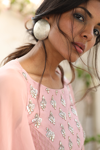 Pale Pink Crop Top With Flared Sleeves And Grey Palazzo Set