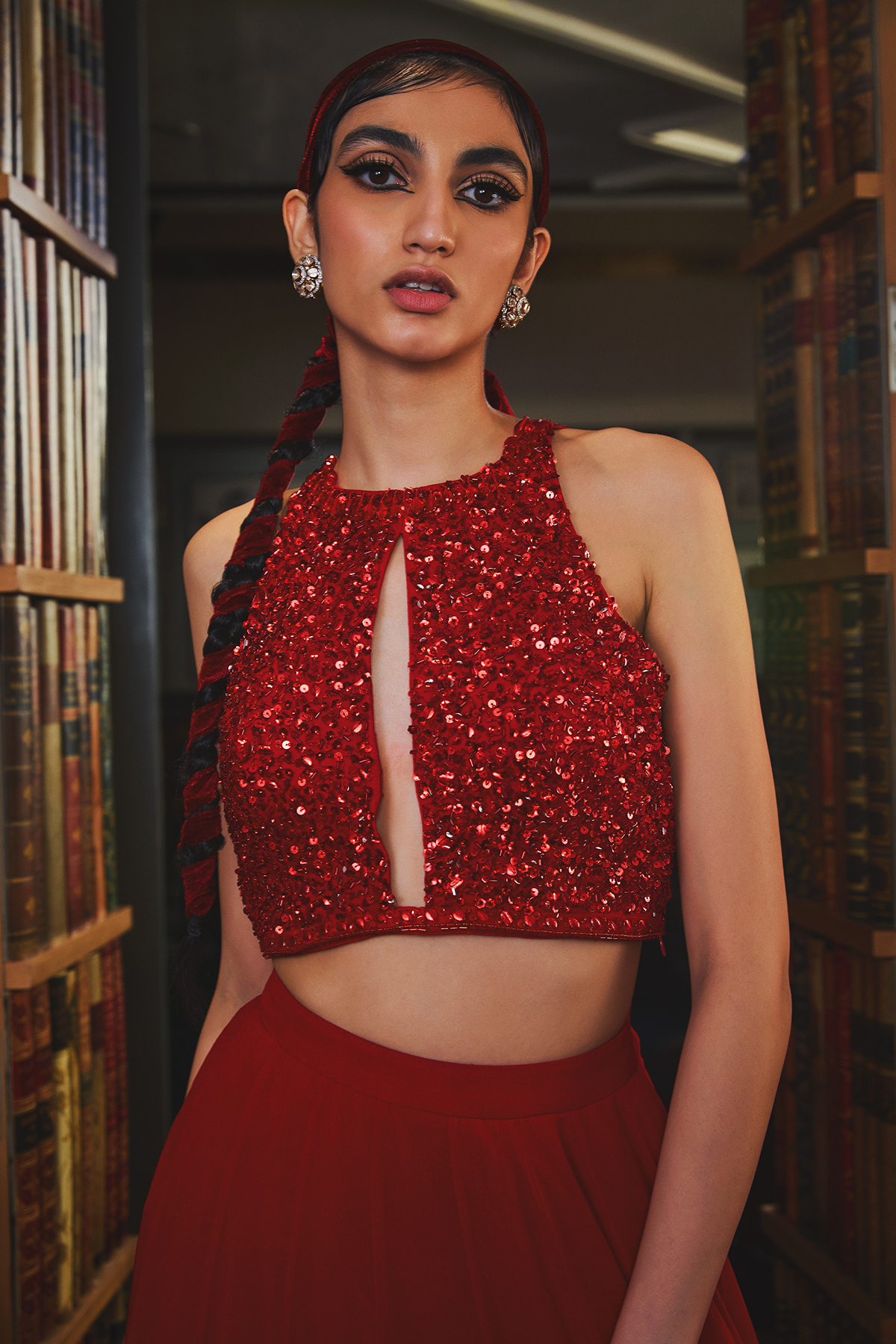 Red Halter Sequins Embellished Blouse And Lehenga Set