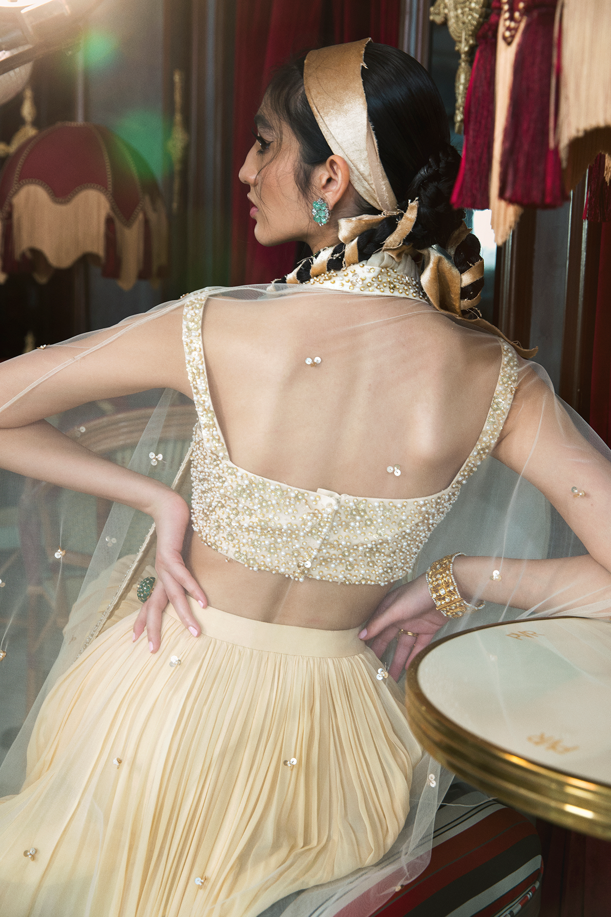 Ivory Bustier Top And Skirt With Net Cape Set