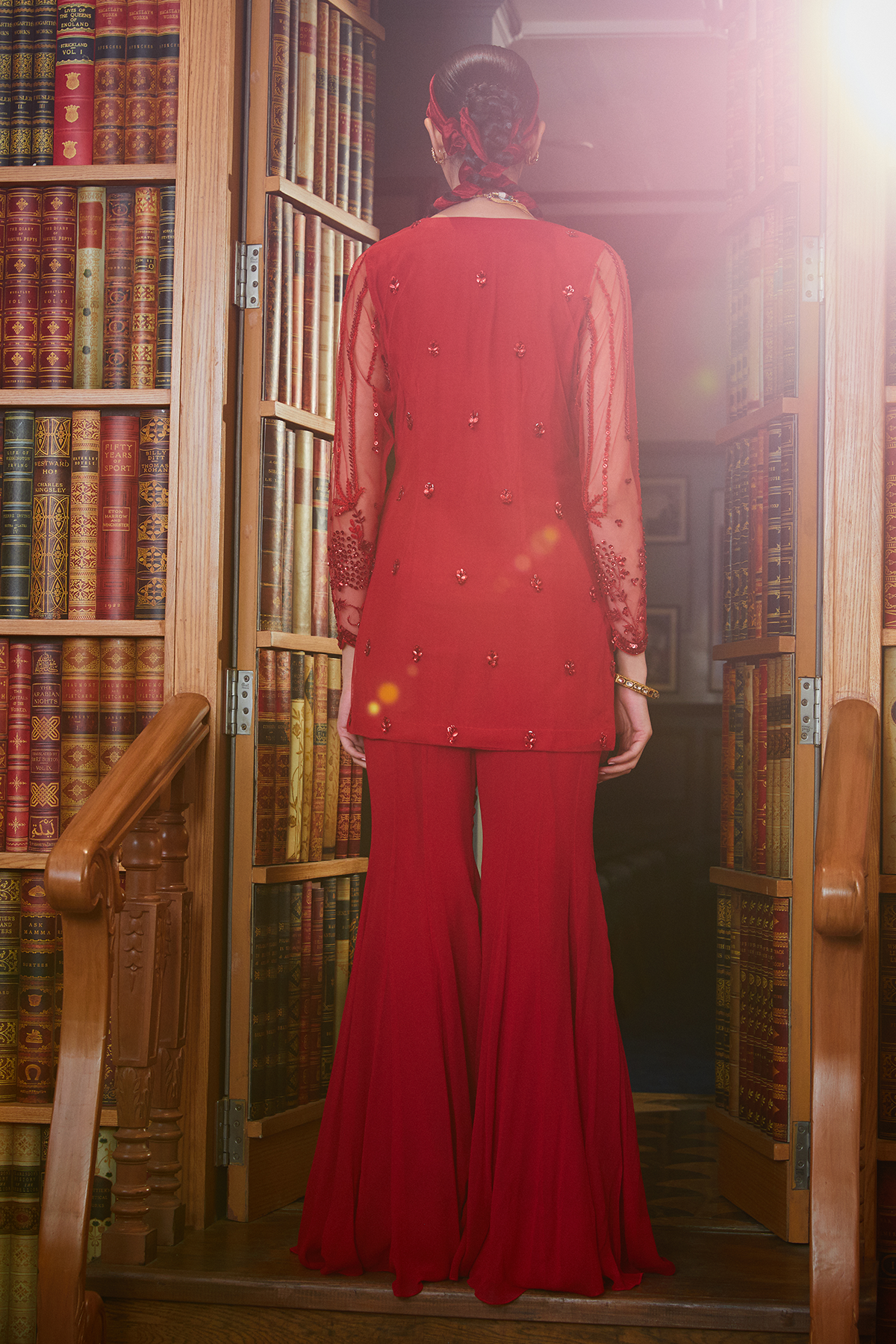 Red Tonal Short Kurta With Flared Pants Set