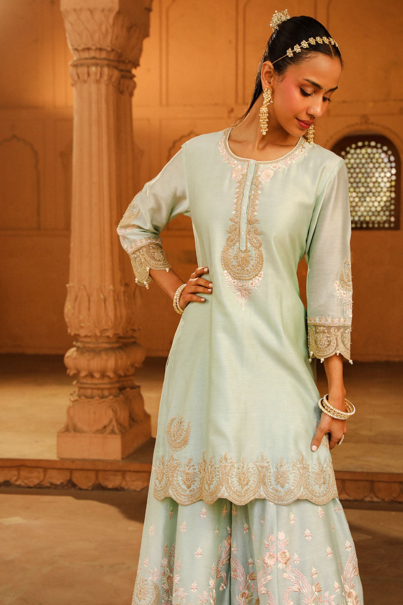 Ayda - Misty Green Kurta With Sharara And Dupatta