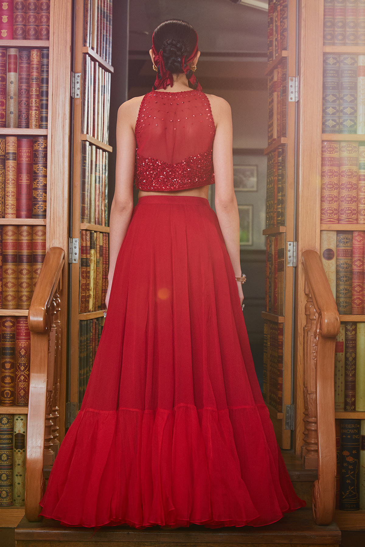 Red Halter Sequins Embellished Blouse And Lehenga Set