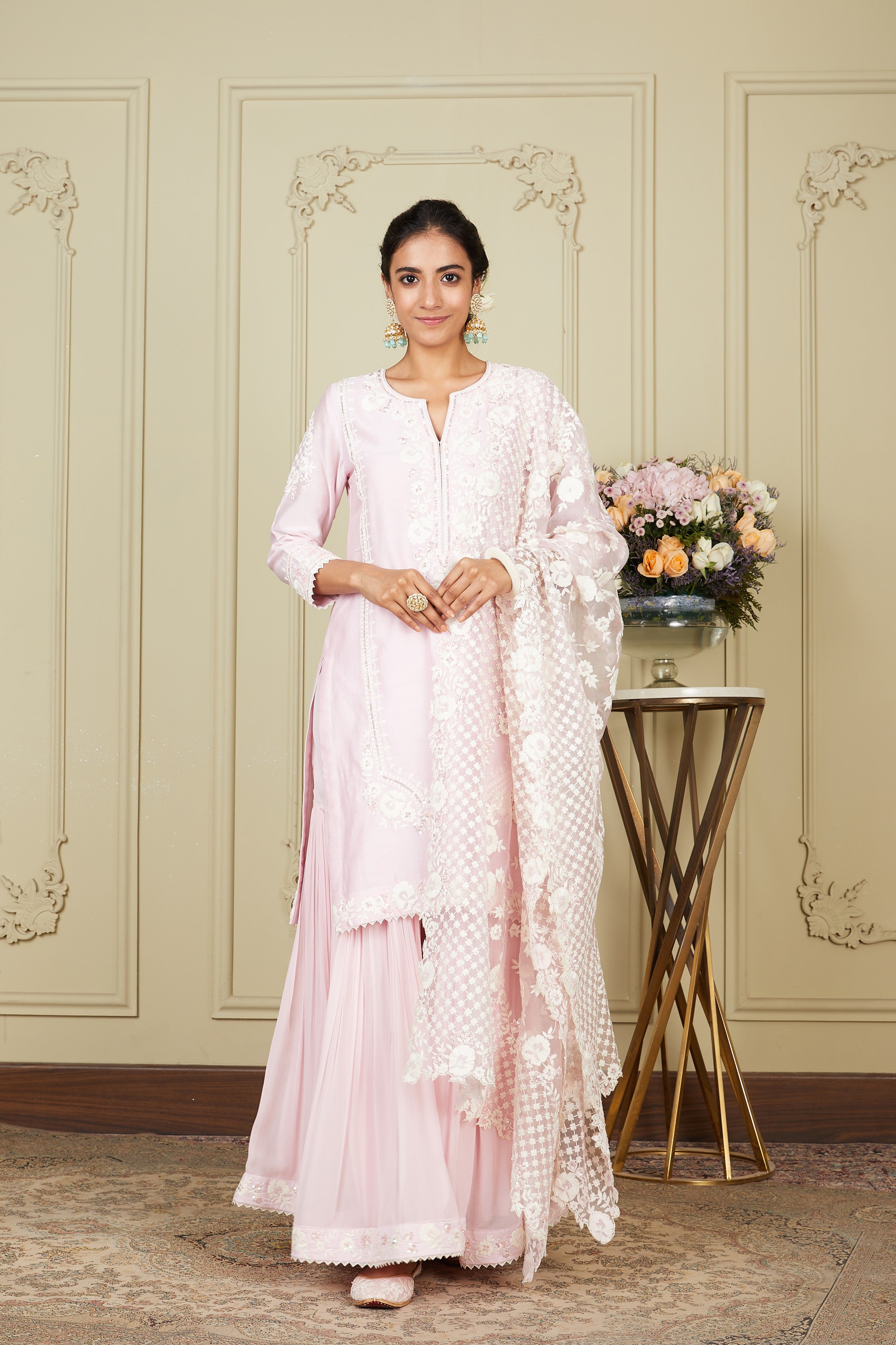 Nargis - Pearl Blush Short Kurta With Garara And Dupatta