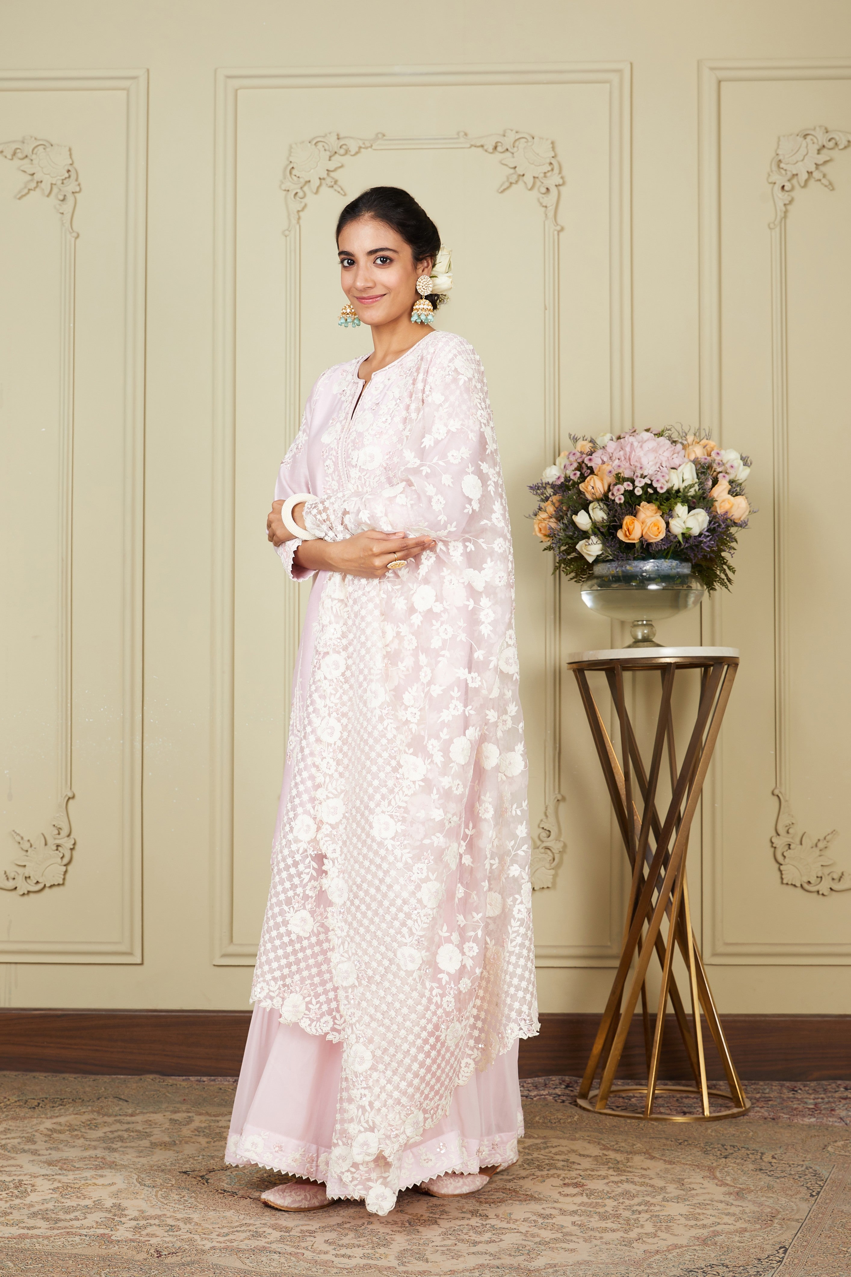 Nargis - Pearl Blush Short Kurta With Garara And Dupatta