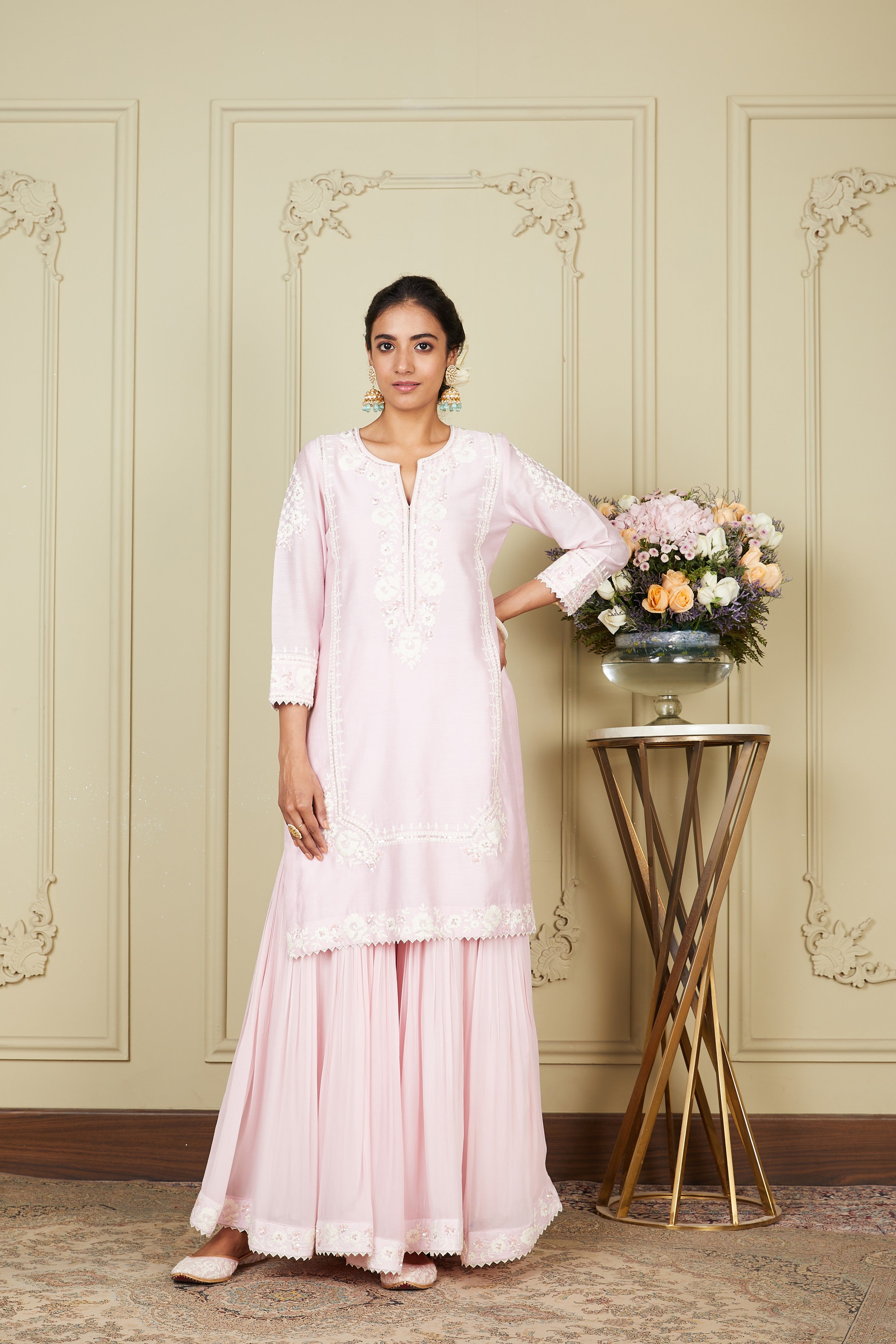 Nargis - Pearl Blush Short Kurta With Garara And Dupatta